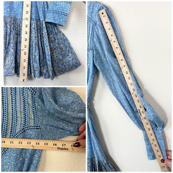 Oliphant Boho Romantic Fit & Flare XS Blue Floral Gold Print Belted Dress - Picture 7 of 9